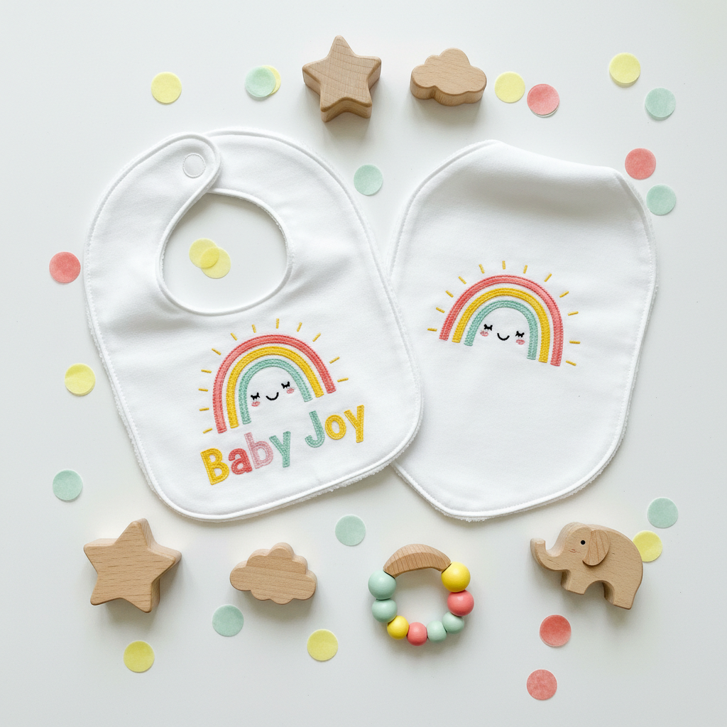 Personalized baby bib and burp cloth set - Baby Joy rainbow colorful design