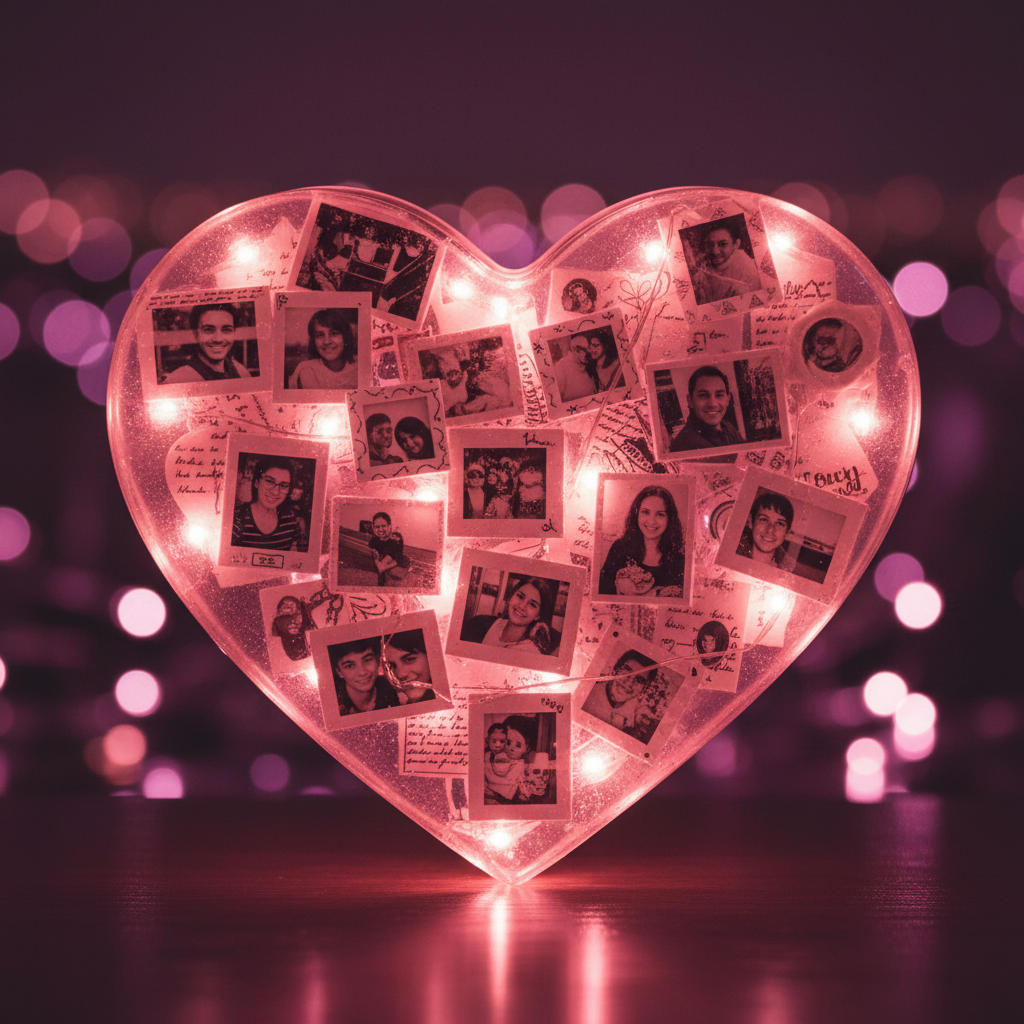 Close-up of custom LED resin heart glowing pink in dark room with bokeh background