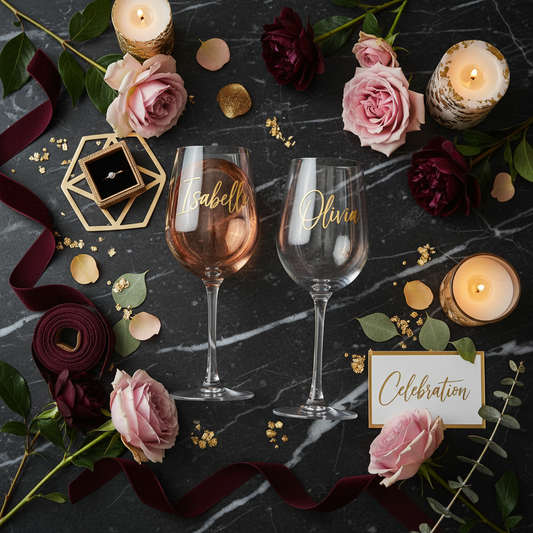 Customized personalized wine glasses glamorous lifestyle photo with gold accents and flowers Customized personalized wine glasses glamorous lifestyle photo with gold accents and flowers