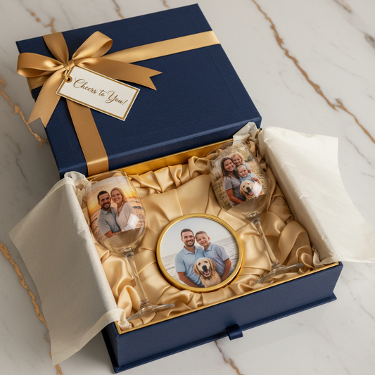 Custom wine bottle and glass holder set beautifully gift wrapped in elegant box Custom wine bottle and glass holder set beautifully gift wrapped in elegant box