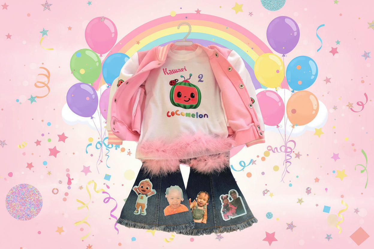 A kid's outfit consisting of a pink jacket with a coccolm3n design and kawaii text, and a denim skirt with cartoon images.