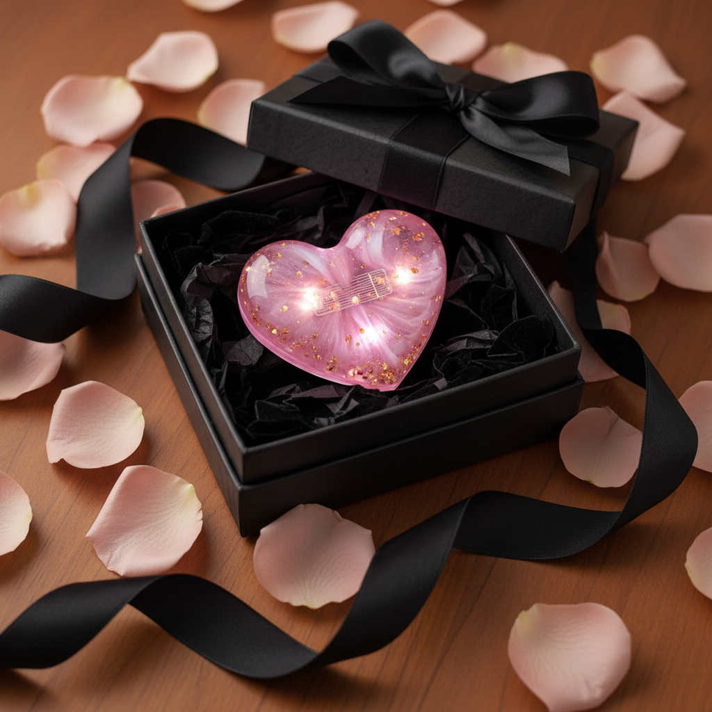 Custom LED resin heart keepsake in luxury gift box with black tissue paper and rose petals