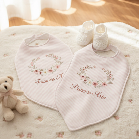 Personalized baby girl bib and burp cloth set - Princess Aria pink floral design