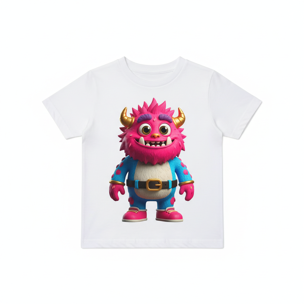 Children's 3D t-shirt flat lay with bold dimensional cartoon graphic printed on white shirt fabric