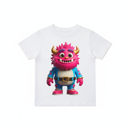 Children's 3D t-shirt flat lay with bold dimensional cartoon graphic printed on white shirt fabric