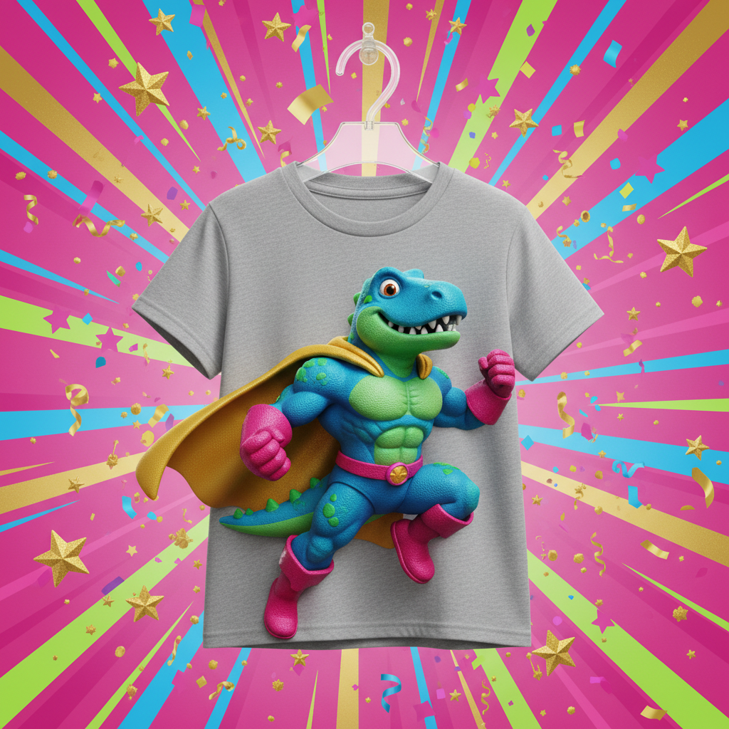 Children's 3D graphic t-shirt with bold dimensional cartoon design in vibrant colors on colorful background