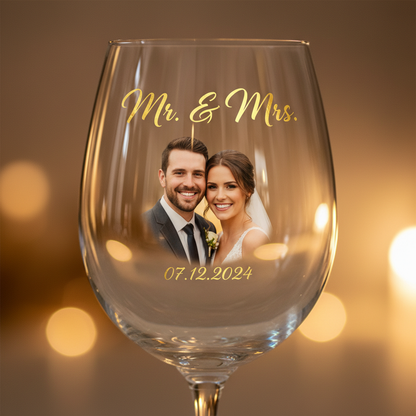 Close-up detail of custom photo-printed wine glass showing Mr and Mrs design quality