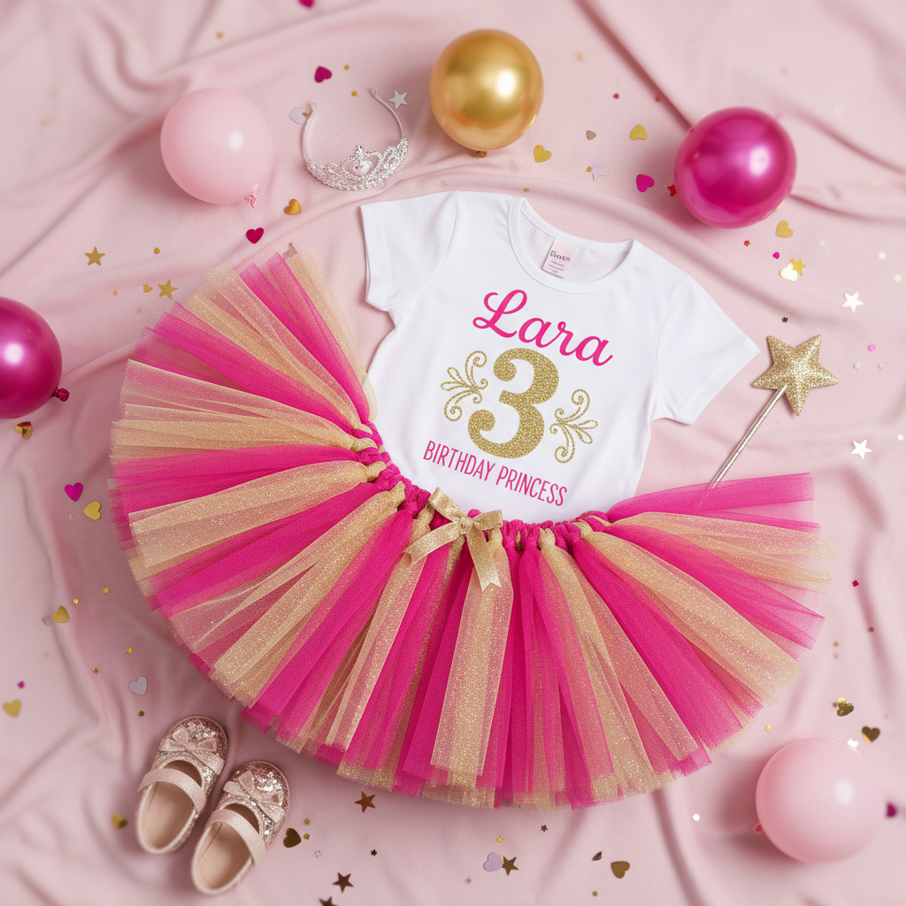 Custom birthday tutu set flat lay with fluffy pink and gold tutu skirt and personalized birthday shirt