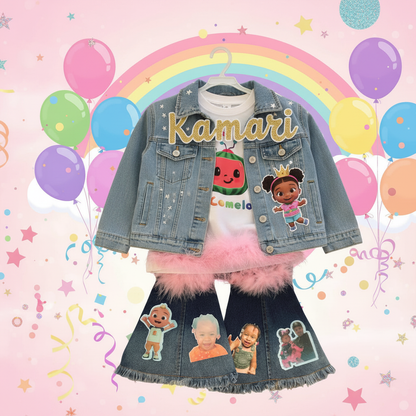 Custom handmade toddler girl birthday outfit with personalized denim jacket glitter name and feather jeans