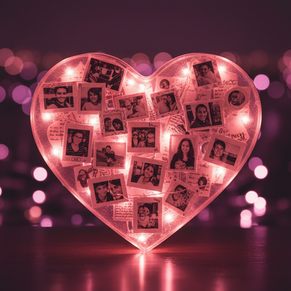 Close-up of custom LED resin heart glowing pink in dark room with bokeh background