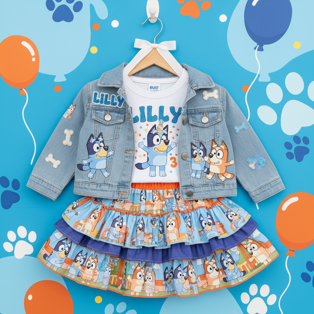 Custom Bluey themed toddler birthday outfit with personalized denim jacket and ruffle skirt