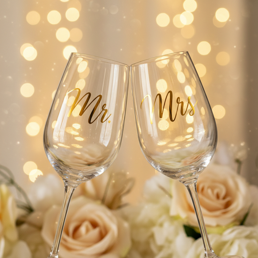 Mr. and Mrs. personalized wine glasses clinking in a romantic toast with bokeh background