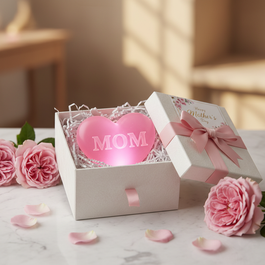 Custom pink LED resin heart for Mom in luxury gift box with roses and Mother's Day card
