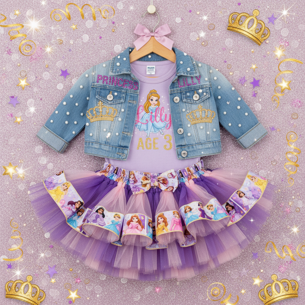 Custom birthday princess toddler outfit with purple rhinestone name denim jacket and tutu skirt