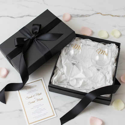 Mr. and Mrs. wine glass set in luxury gift box with white tissue paper and rose petals