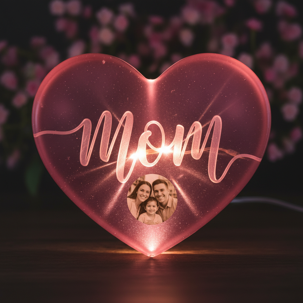 Close-up of custom pink resin heart for Mom glowing with LED light and embedded family photo