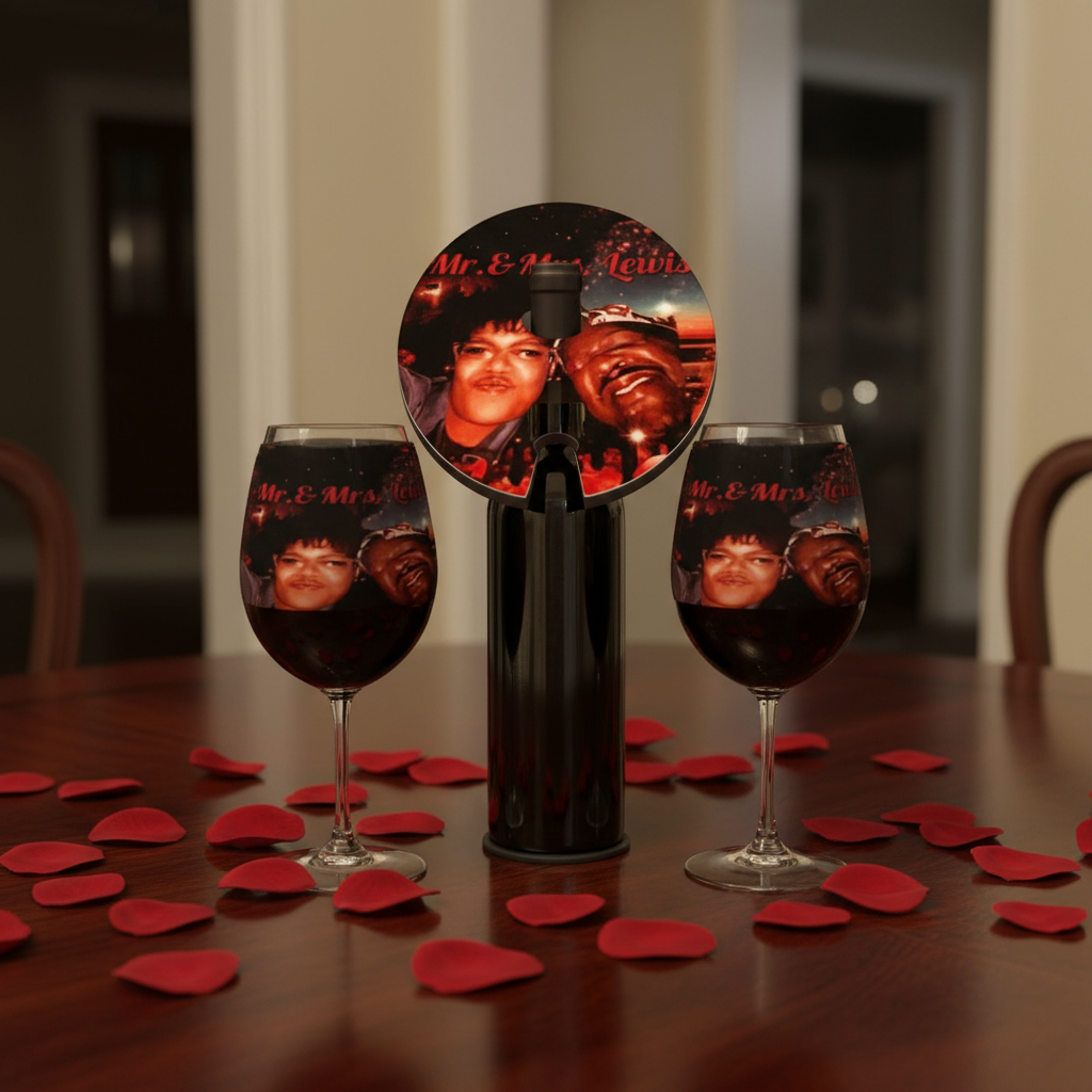 Romantic custom wine bottle and glass holder set with rose petals and warm lighting
