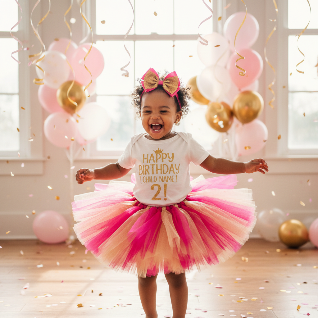 Toddler girl twirling in custom birthday tutu set with personalized shirt at birthday party