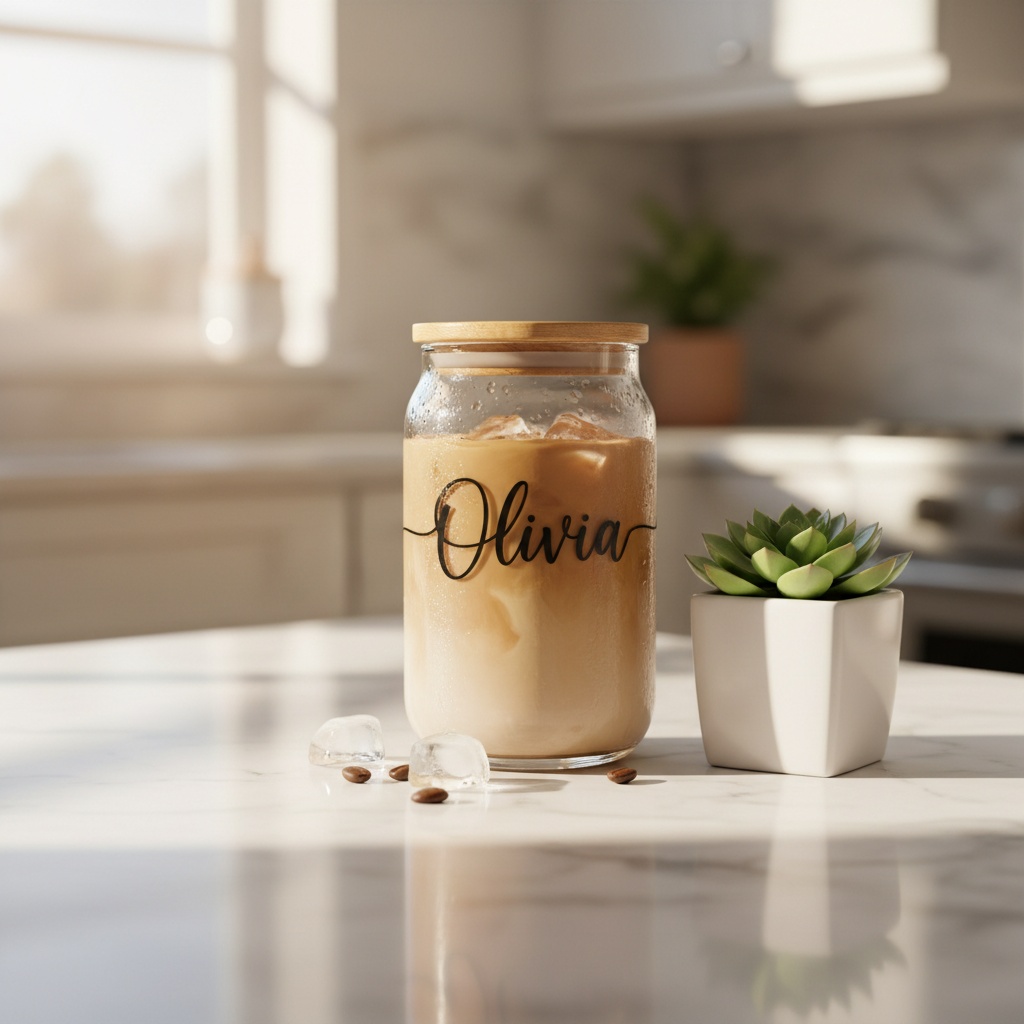 Personalized mason jar with bamboo lid and custom name filled with iced coffee on marble counter