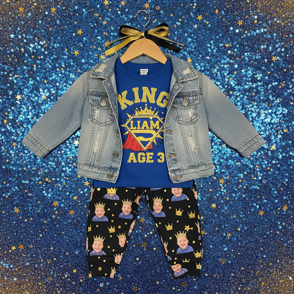 Custom birthday king toddler boy outfit with gold name denim jacket and superhero graphic tee