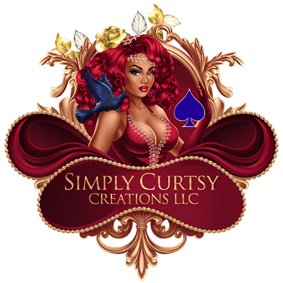 Logo for Simply Curtsy Creations LLC featuring a stylized woman with red hair and decorative elements.